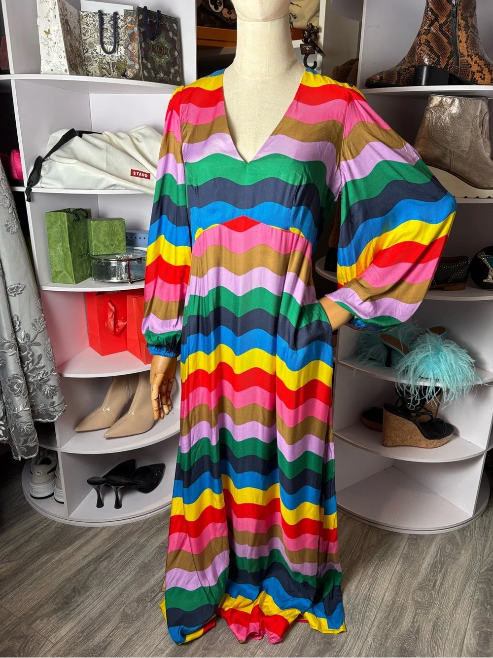Boden Francis empire long sleeve v neck maxi tea dress rainbow striped 8R nwt